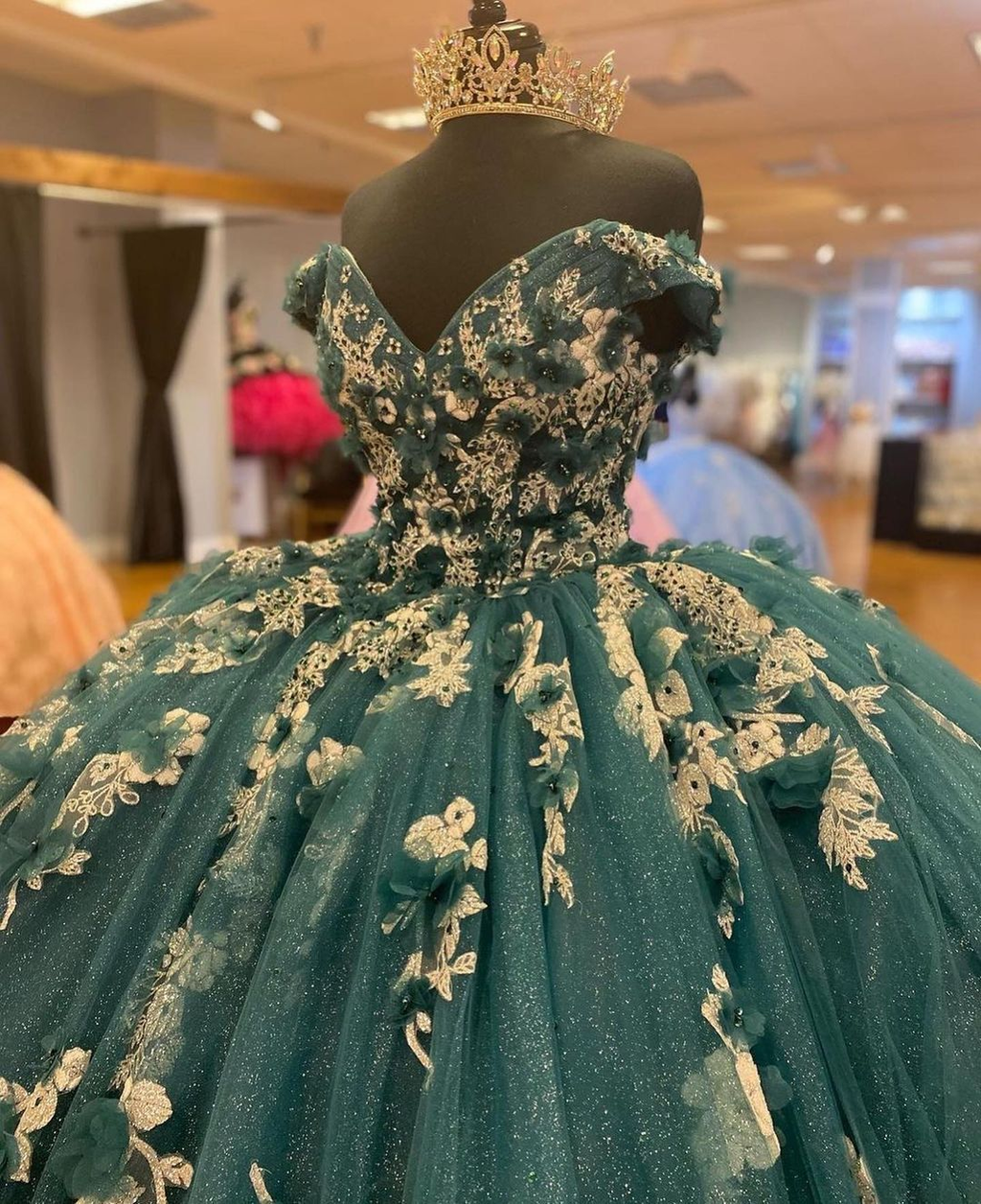 Dark Green Quinceanera Dresses Off the Shoulder Princess Pageant Ball Gown Flowers Y4432