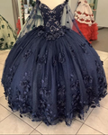 Women's Navy Blue Quinceanera Dresses Appliques Beaded Dresses 3D Flowers Ball Gown,Y2480