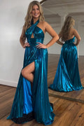 Peacock Blue Halter Neck A-Line Long Prom Dress With Split