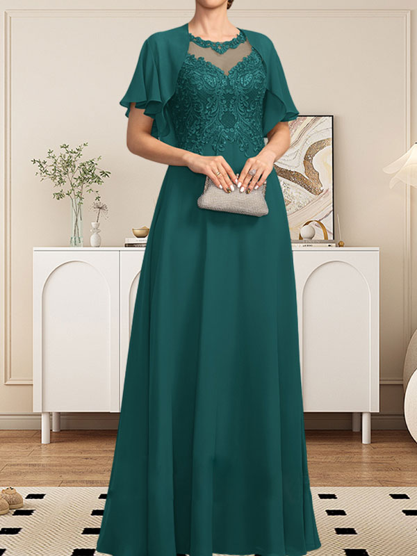 A-line Scoop Illusion Floor-Length Lace Chiffon Mother of the Bride Dress With Sequins