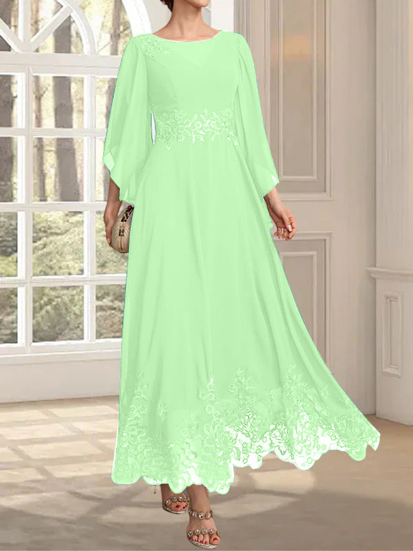 A-line Scoop Illusion Ankle-Length Lace Chiffon Mother of the Bride Dress With Sequins