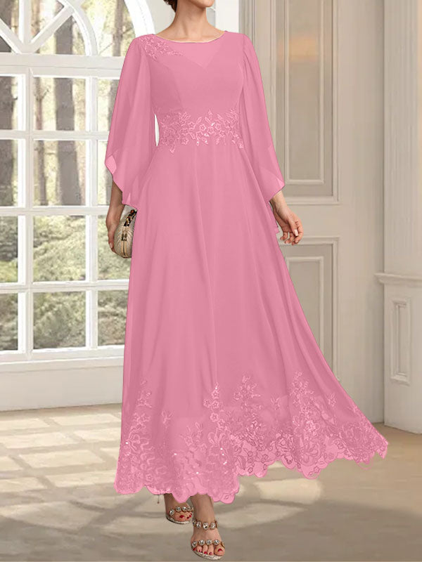 A-line Scoop Illusion Ankle-Length Lace Chiffon Mother of the Bride Dress With Sequins