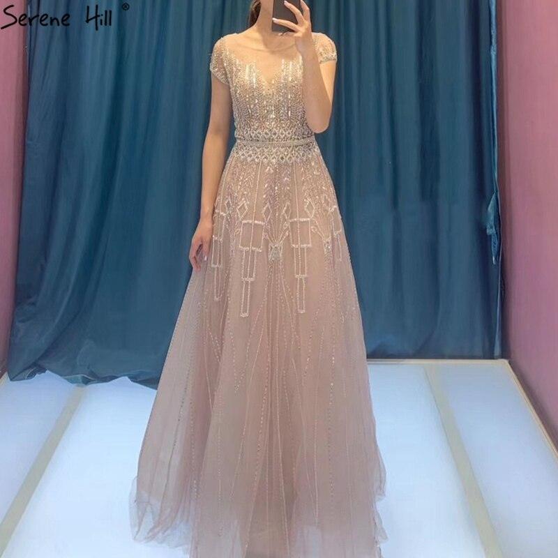 Pink A-Line Luxury Beading Sparkle Evening Dresses Dubai O-Neck Cap Sleeves Formal Dress Serene Hill LA70580