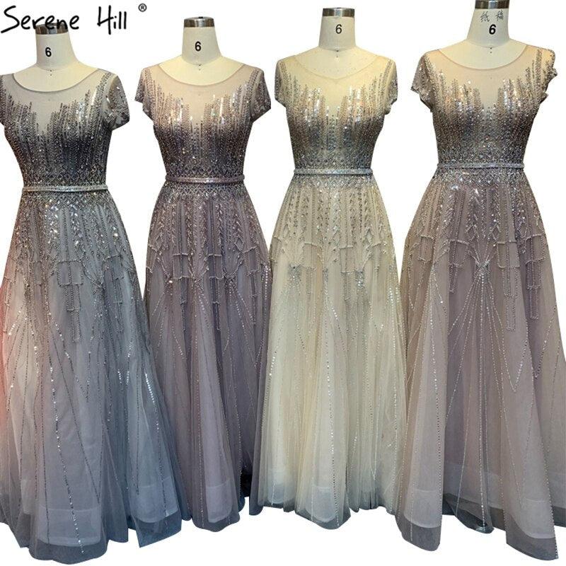 Pink A-Line Luxury Beading Sparkle Evening Dresses Dubai O-Neck Cap Sleeves Formal Dress Serene Hill LA70580