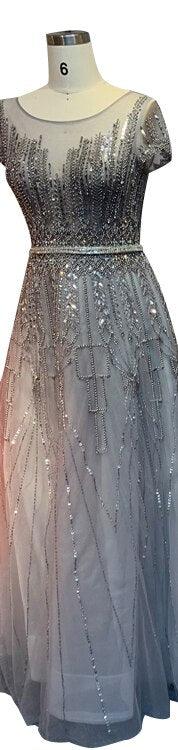 Pink A-Line Luxury Beading Sparkle Evening Dresses Dubai O-Neck Cap Sleeves Formal Dress Serene Hill LA70580