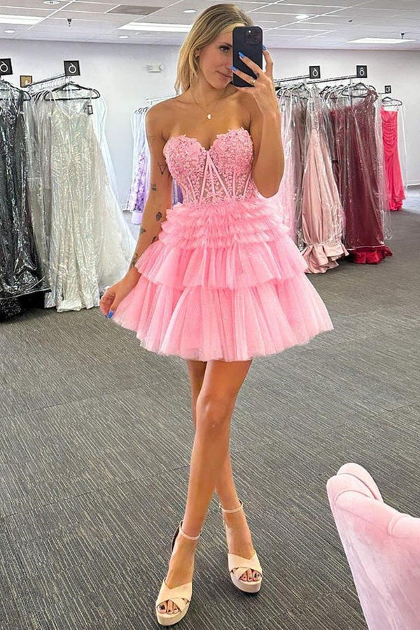 Appliques Strapless A-line Multi-Layers Homecoming Dress