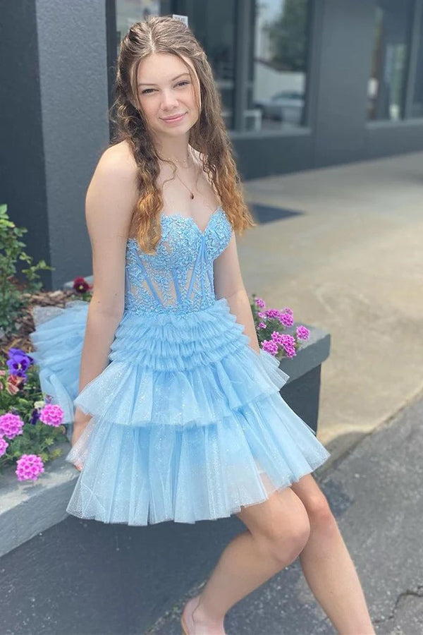 Appliques Strapless A-line Multi-Layers Homecoming Dress