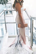 Mermaid Sweep Train Long Bridesmaid Dresses With White Lace