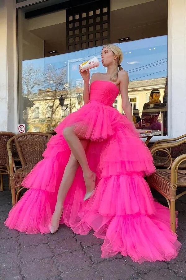Tulle A-line High Low Princess Long Prom Dresses, Evening Dress