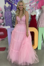 Tulle A-line V-Neck Spaghetti Straps Lace Appliques Prom Dresses