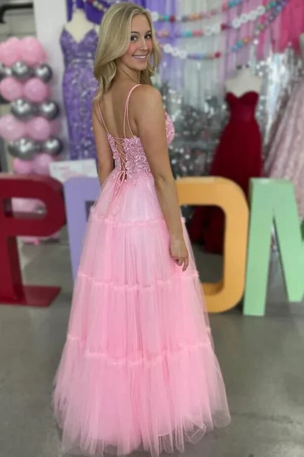 Tulle A-line V-Neck Spaghetti Straps Lace Appliques Prom Dresses