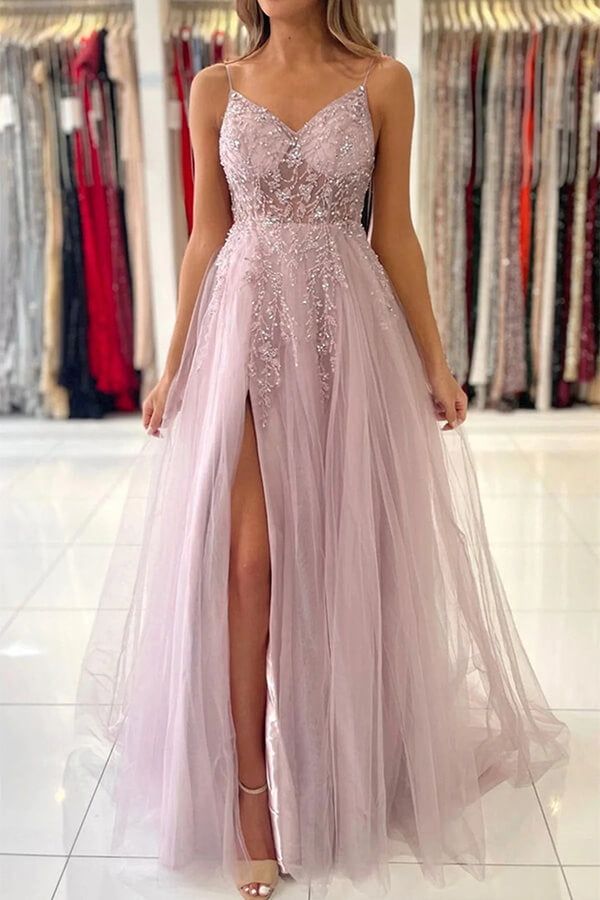 Tulle A-line V-neck Beaded Prom Dresses With Slit, Evening Gowns