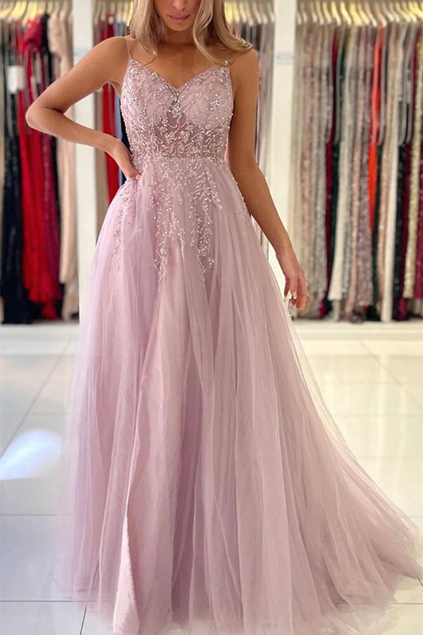 Tulle A-line V-neck Beaded Prom Dresses With Slit, Evening Gowns