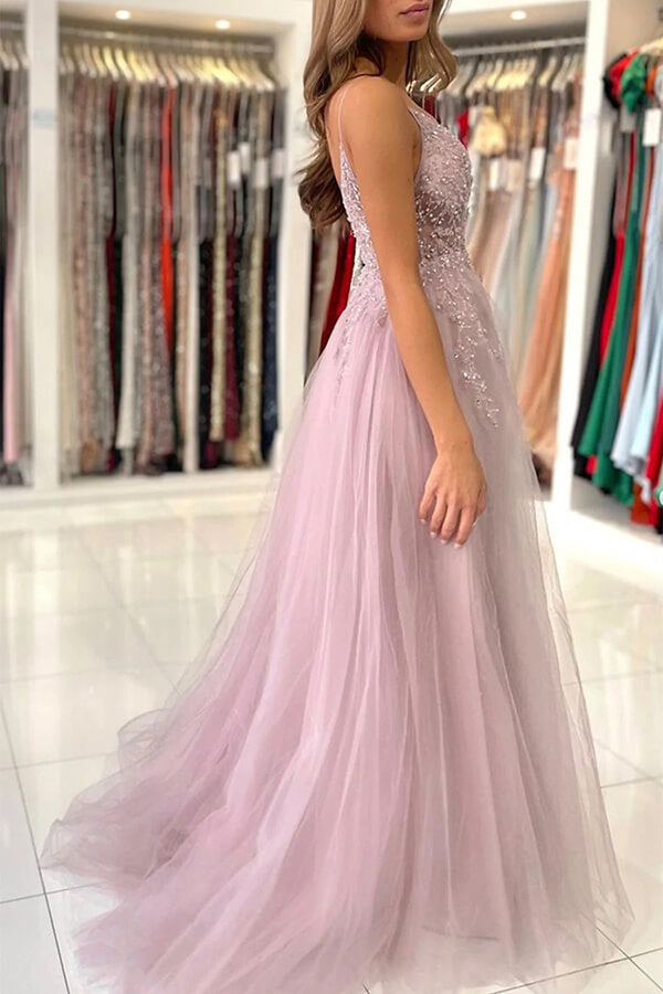 Tulle A-line V-neck Beaded Prom Dresses With Slit, Evening Gowns
