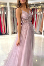 Tulle A-line V-neck Beaded Prom Dresses With Slit, Evening Gowns