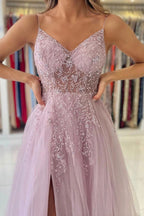 Tulle A-line V-neck Beaded Prom Dresses With Slit, Evening Gowns