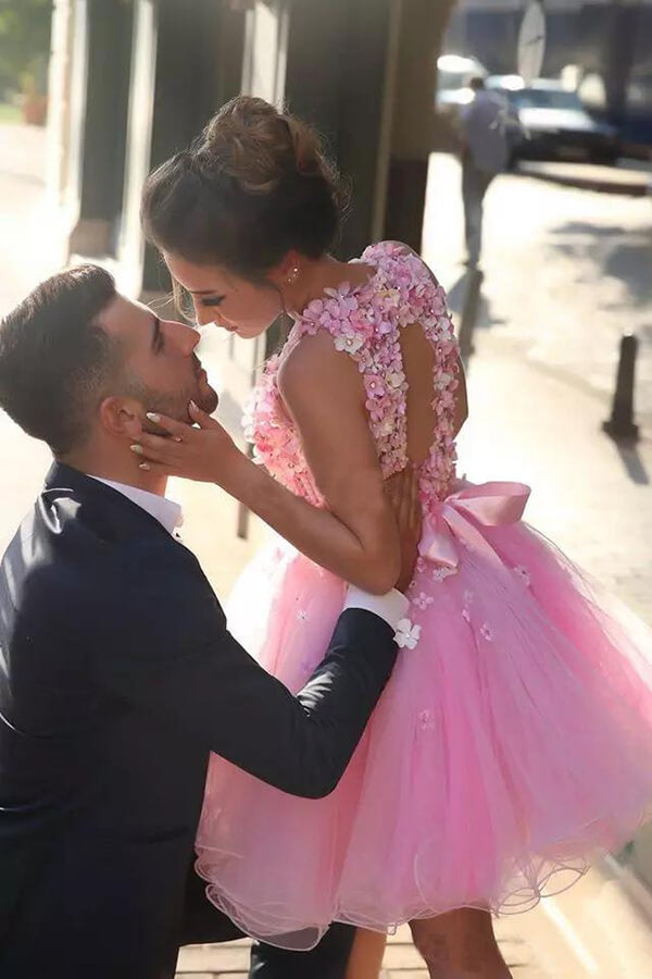 Tulle Hand-Made Flowers Short Prom Dresses, Homecoming Dress