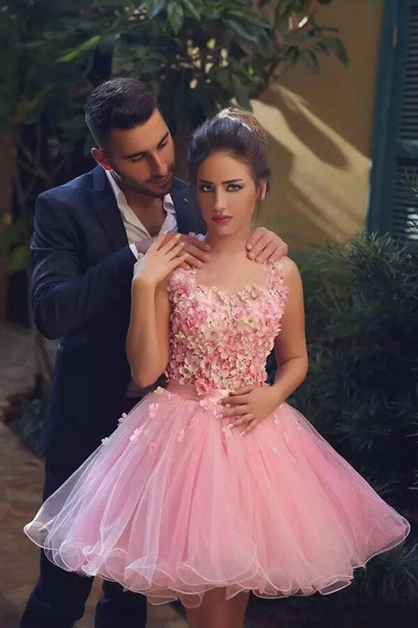Tulle Hand-Made Flowers Short Prom Dresses, Homecoming Dress
