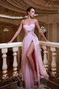 Tulle Maxi Prom Dresses with Spaghetti Strap Beaded Waist High Slit for Prom and Red Carpet