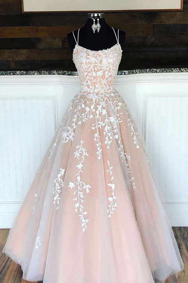 Tulle Princess Spaghetti Straps A-line Lace Appliques Prom Dresses