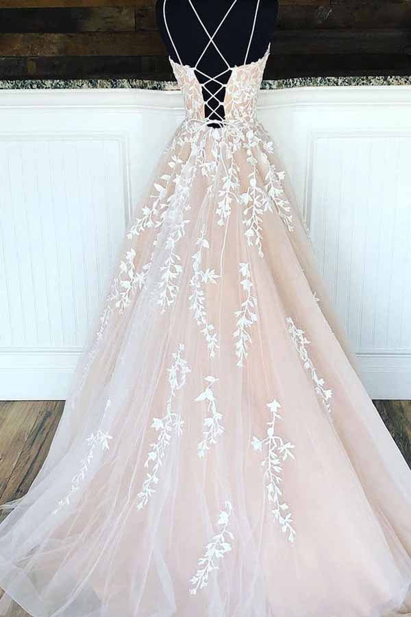 Tulle Princess Spaghetti Straps A-line Lace Appliques Prom Dresses