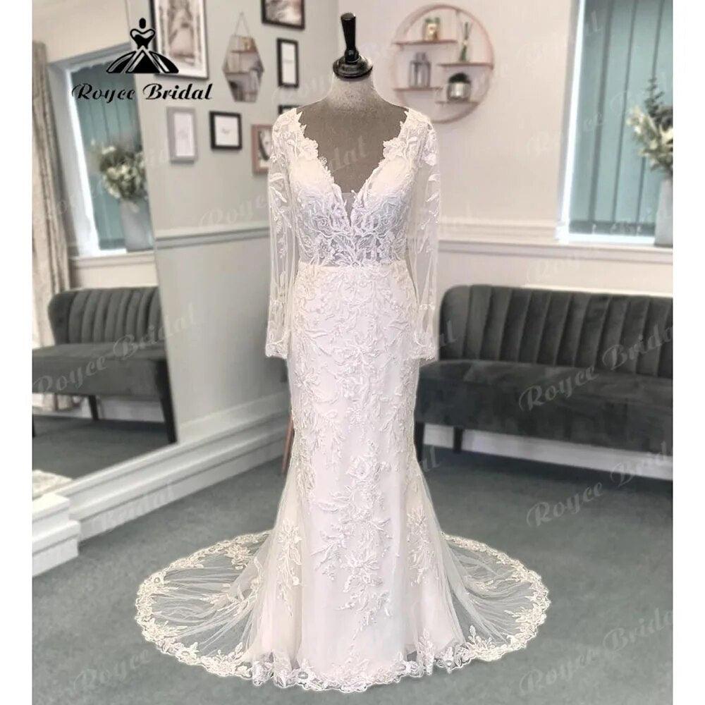 Plunging Deep V Neck Lace Appliques Long Sleeve Backless Wedding Dress for Women Bridal Gown vestido de boda corte sirena