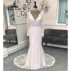 Plunging Deep V Neck Lace Appliques Long Sleeve Backless Wedding Dress for Women Bridal Gown vestido de boda corte sirena