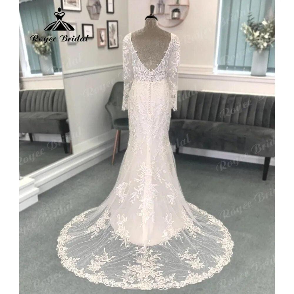 Plunging Deep V Neck Lace Appliques Long Sleeve Backless Wedding Dress for Women Bridal Gown vestido de boda corte sirena