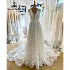 Plunging Lace Floral Deep V Neck Lace Boho Wedding Gown for Women  Garden Wedding Dress for Bride Backless vestido de noiva