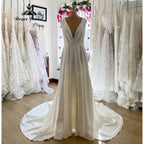 Plunging Soft Satin Pleats Deep V Neck Boho Sleeveless Wedding Dress for Women Bridal Gown abito da sposa NumberSea