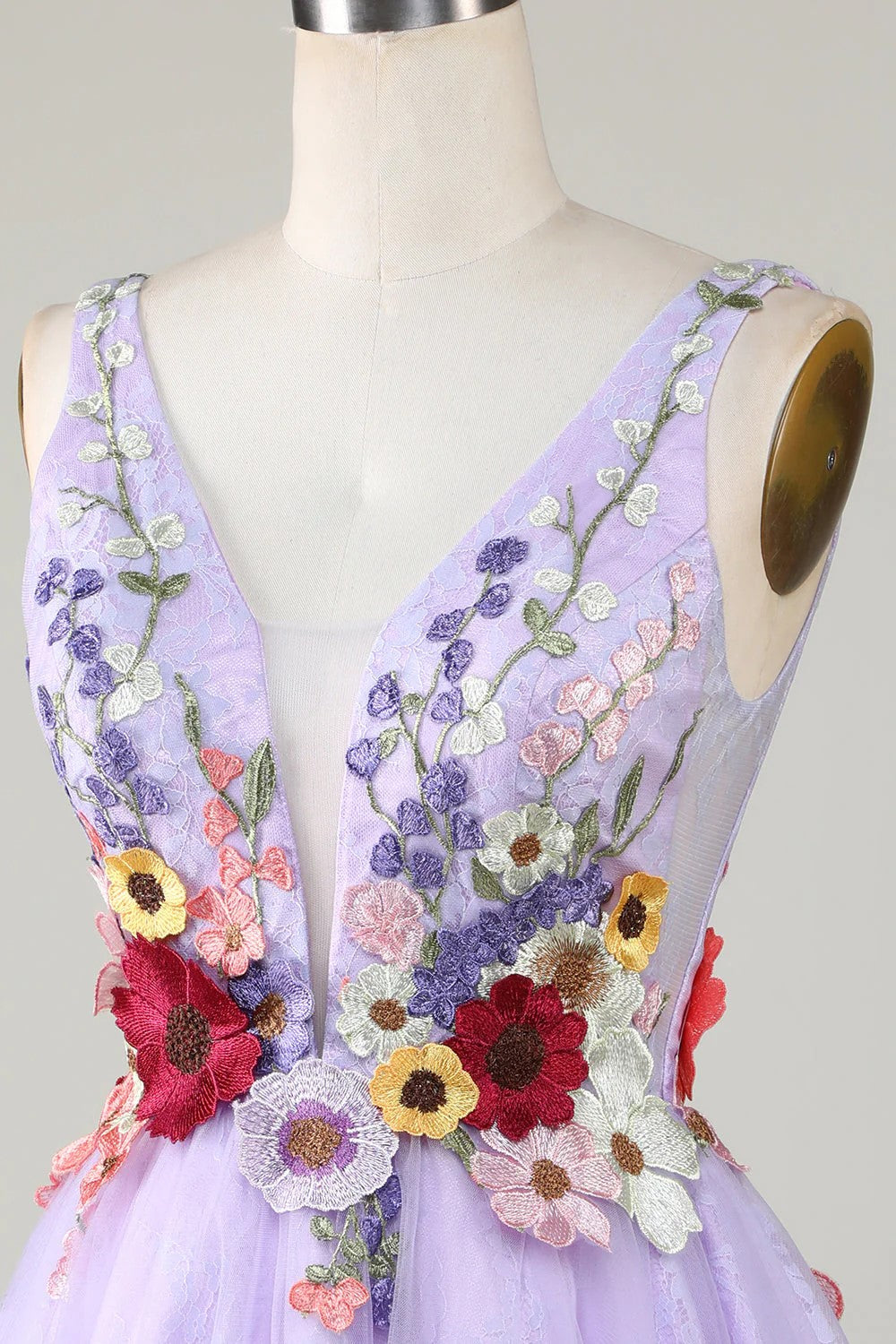 Plunging Neck Floral Lavender Homecoming Dress With 3D Flowers