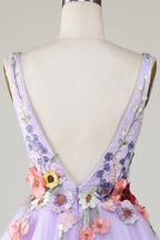 Plunging Neck Floral Lavender Homecoming Dress With 3D Flowers