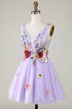 Plunging Neck Floral Lavender Homecoming Dress With 3D Flowers