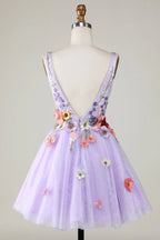 Plunging Neck Floral Lavender Homecoming Dress With 3D Flowers
