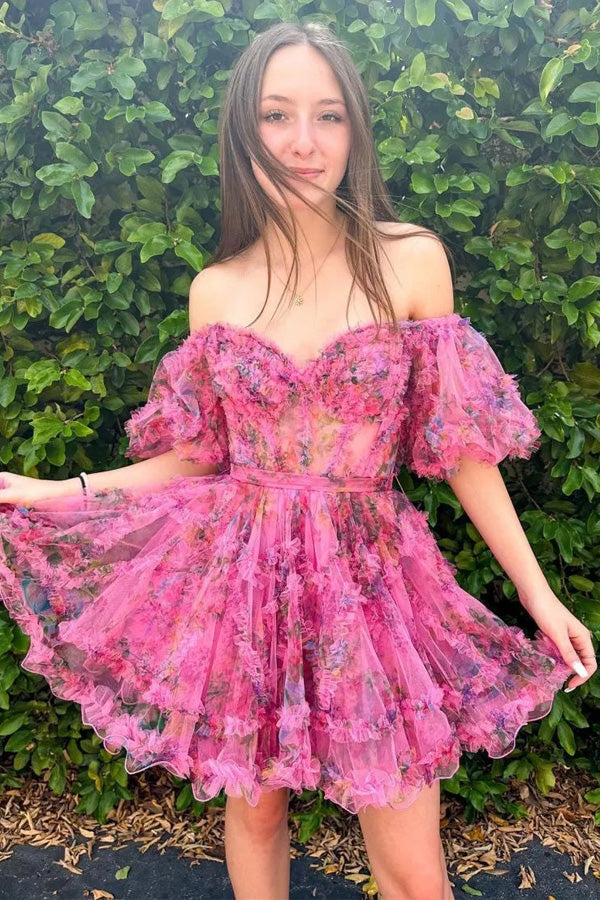 Pretty Fuchsia Puff Sleeves A-Line Princess Homecoming Dress