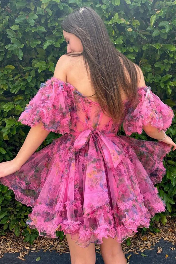 Pretty Fuchsia Puff Sleeves A-Line Princess Homecoming Dress