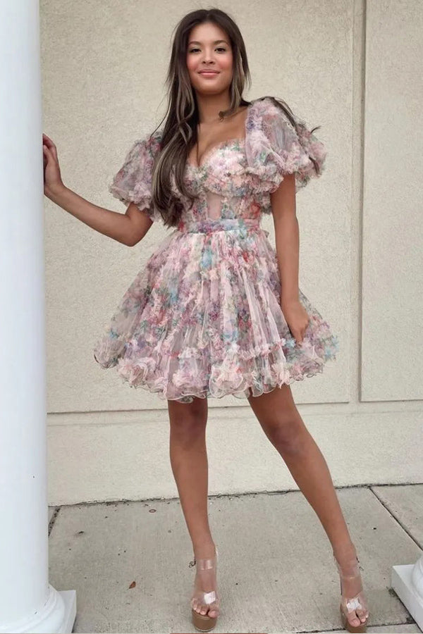 Pretty Fuchsia Puff Sleeves A-Line Princess Homecoming Dress