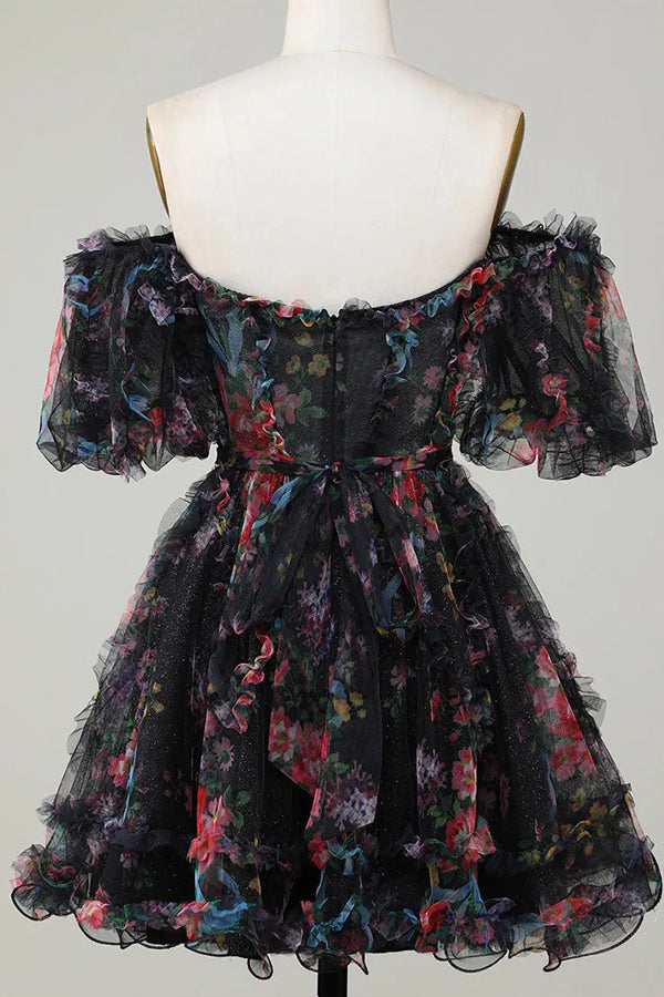 Pretty Fuchsia Puff Sleeves A-Line Princess Homecoming Dress