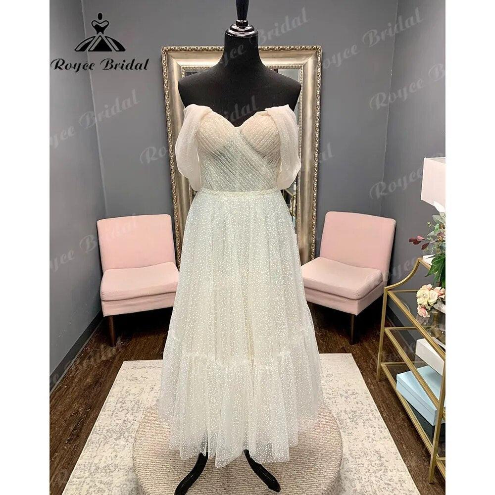 Princess Polka Dots Off Shoulder Short Wedding Dress with Short Cap Sleeve Wedding Bridal Receipt Party Gown NumberSea
