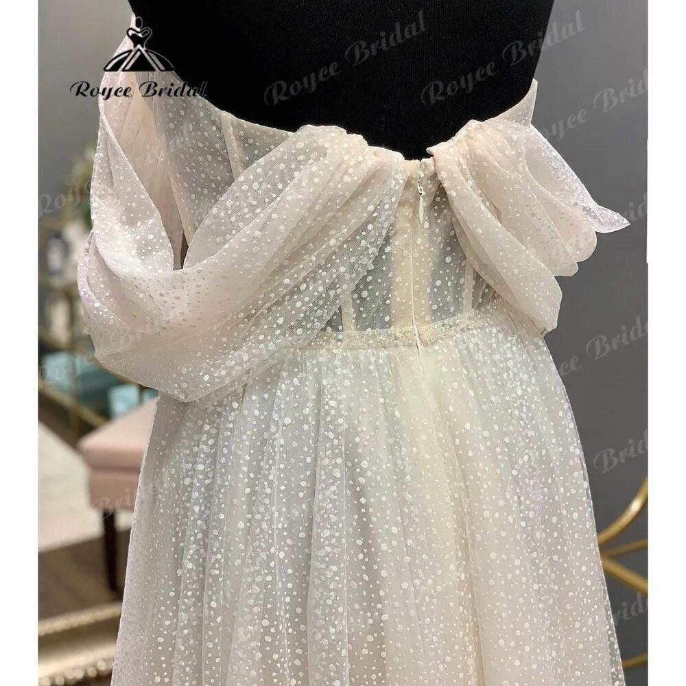 Princess Polka Dots Off Shoulder Short Wedding Dress with Short Cap Sleeve Wedding Bridal Receipt Party Gown NumberSea
