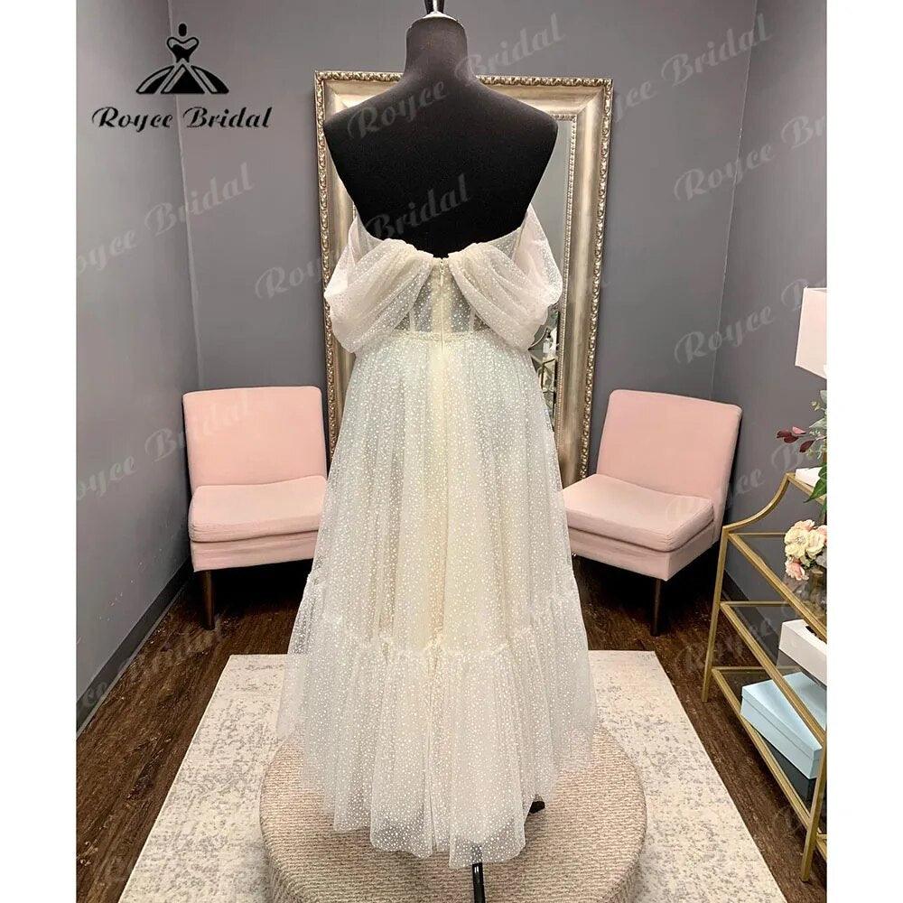 Princess Polka Dots Off Shoulder Short Wedding Dress with Short Cap Sleeve Wedding Bridal Receipt Party Gown NumberSea