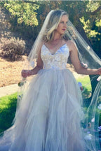 NumberSea Princess Pink Tulle Spaghetti Straps V-neck Wedding Dresses, Bridal Gown, MW639
