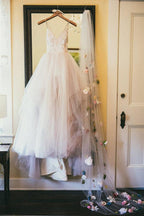 NumberSea Princess Pink Tulle Spaghetti Straps V-neck Wedding Dresses, Bridal Gown, MW639