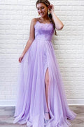 Tulle Lace A-line Backless Prom Dresses With Slit, Evening Dresses