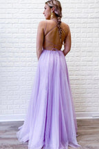 Tulle Lace A-line Backless Prom Dresses With Slit, Evening Dresses