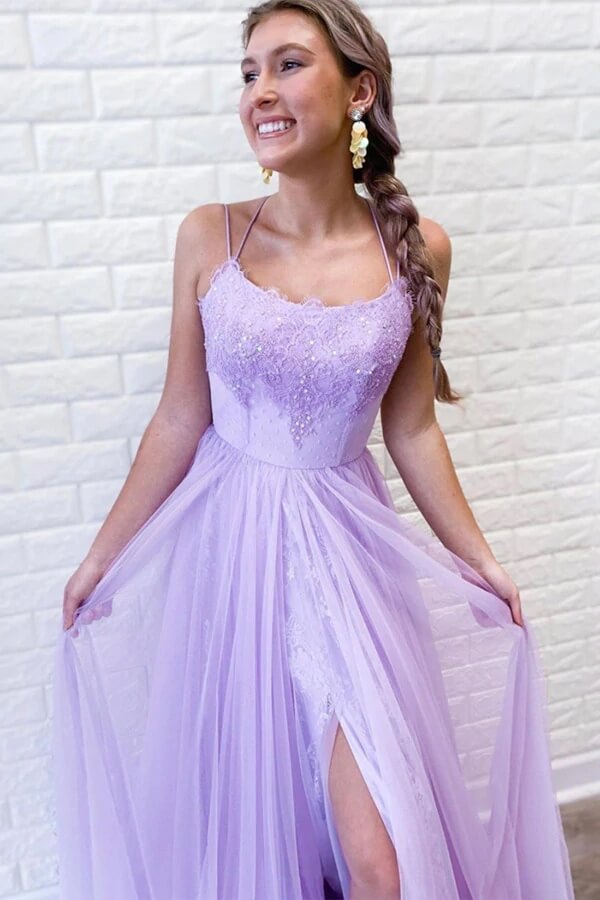 Tulle Lace A-line Backless Prom Dresses With Slit, Evening Dresses