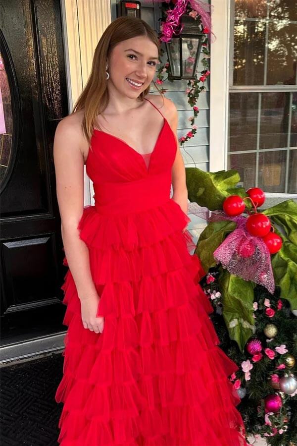 Tulle A-line V-neck Layers Long Prom Dresses, Evening Dresses