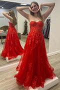Tulle Strapless Long Prom Dresses, Evening Gown With Lace Applique