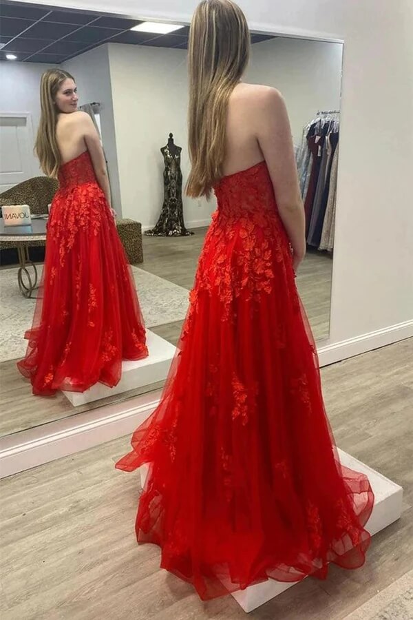 Tulle Strapless Long Prom Dresses, Evening Gown With Lace Applique