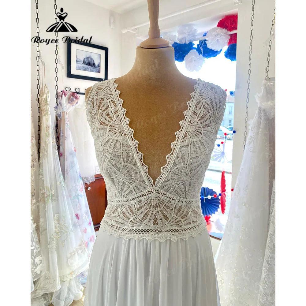 Robe Boheme Beach Boho Chiffon Sleeveless Lace Bodice Wedding Dress for Women V Neck Bridal Gown robe de soirée de mariage
